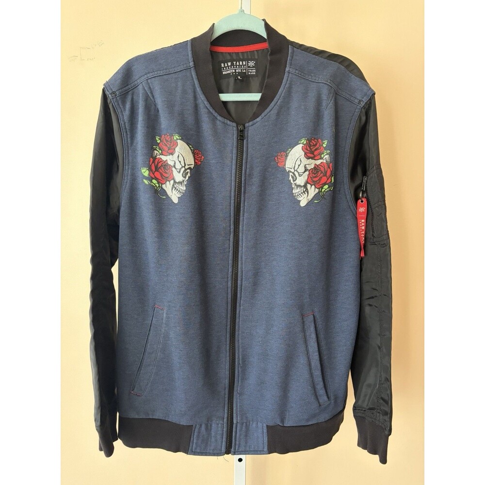 Raw Yarn Industries Bomber Jacket Skull Roses Zip Y2K Rock Blue (Ed Hardy) Style